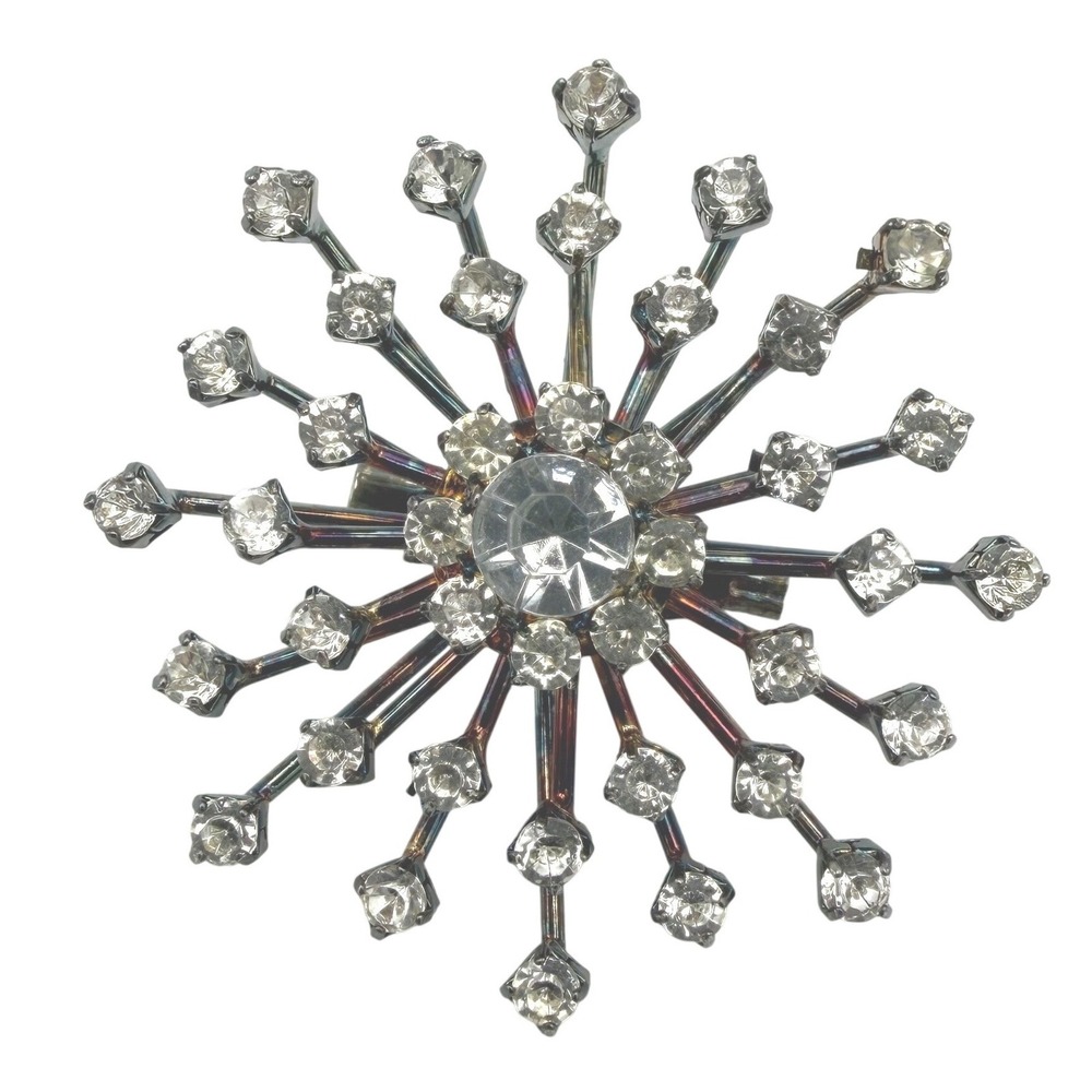 Sunburst Brooch Women Pin Silver Rhinestone Excellent‎ Vintage Style
